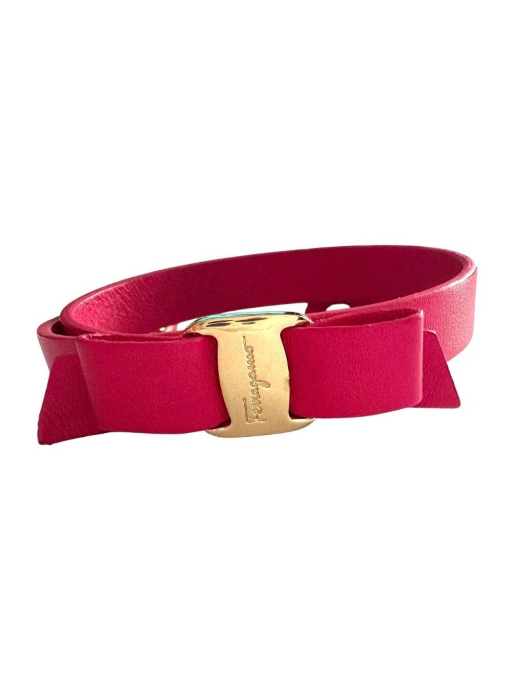 Salvatore Ferragamo Deep Pink Leather Vara Ribbon Bow Double Wrap Bracelet